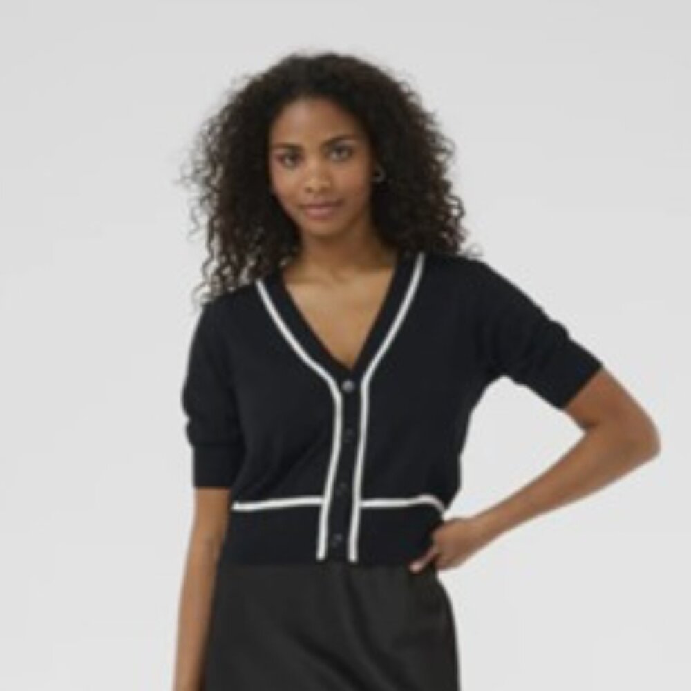 NWT KAFFE short sleeve Black Cardigan with White Accents size large